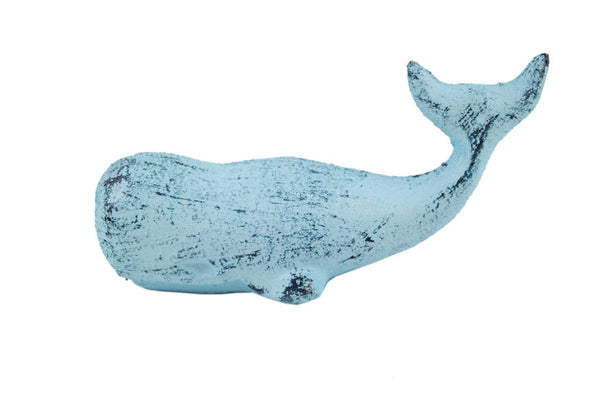 Rustic Dark Blue Whitewashed Cast Iron Whale Paperweight 5"